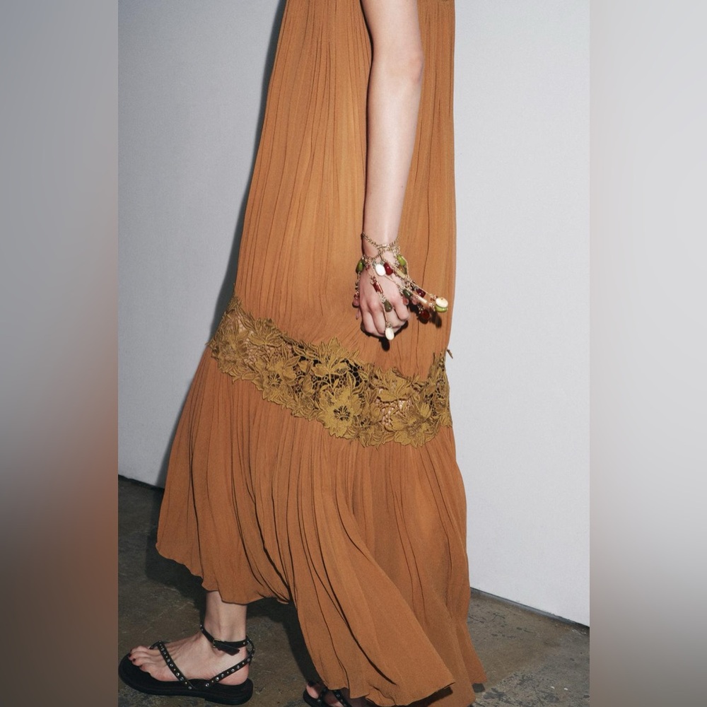 Zara NWT Tan Brown Wrinkled Embroidered Contrast Crochet Midi Maxi Dress (Small) - Picture 6 of 10